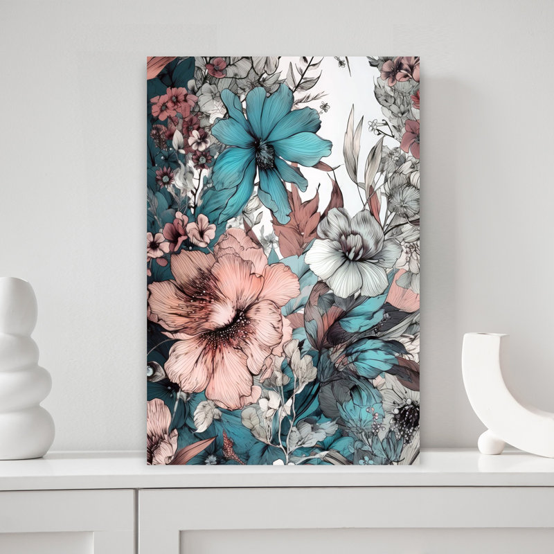 Élégante fleur sarcelle pêche abstraite, plante grasse, art mural, H 18 po x l 12 po