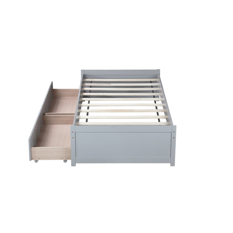 Solid Wood Bed with 2 Drawers, Gray