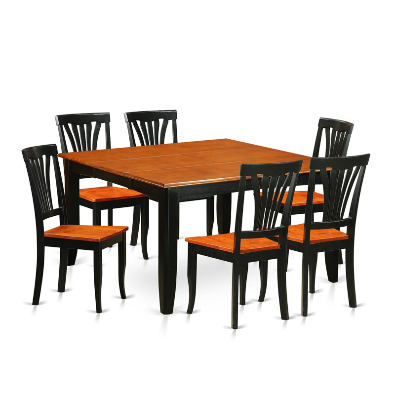 7 Piece Dining Room Furniture Set Consist of a Square Kitchen Table with Butterfly Leaf and 6 Dining Chairs, 54x54 Inch, Black & Cherry
