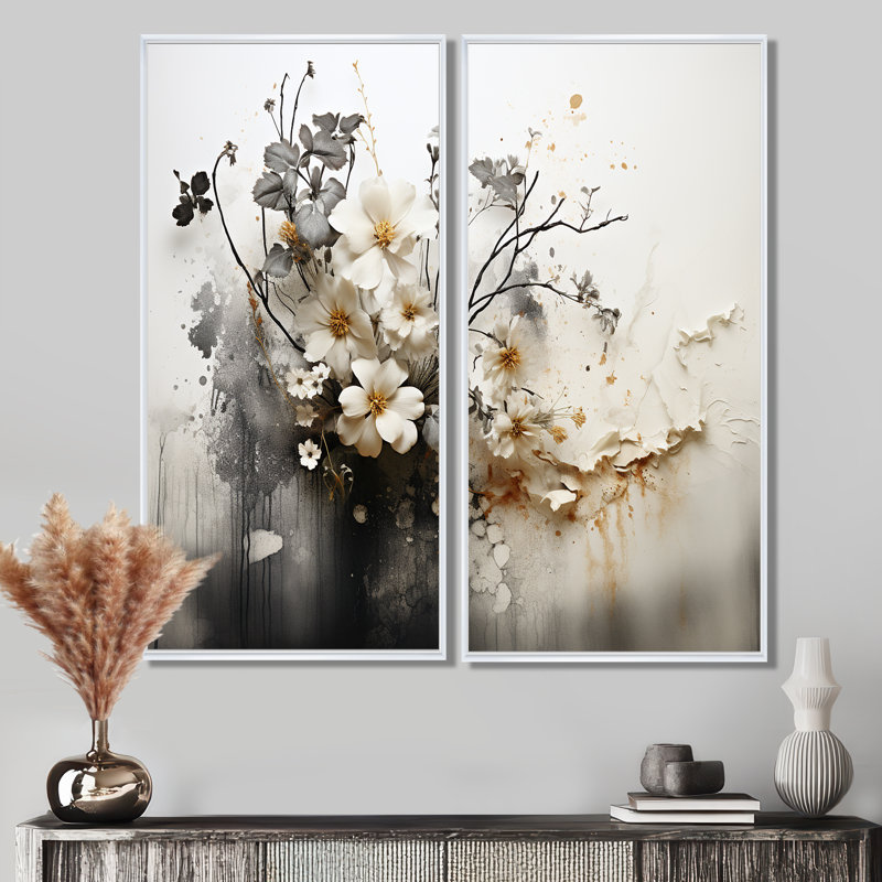 Tymeo - Boho abstrait, impressions sur toile, H 20 po x l 24 po, Reproduction avec cadre flottant, Blanc