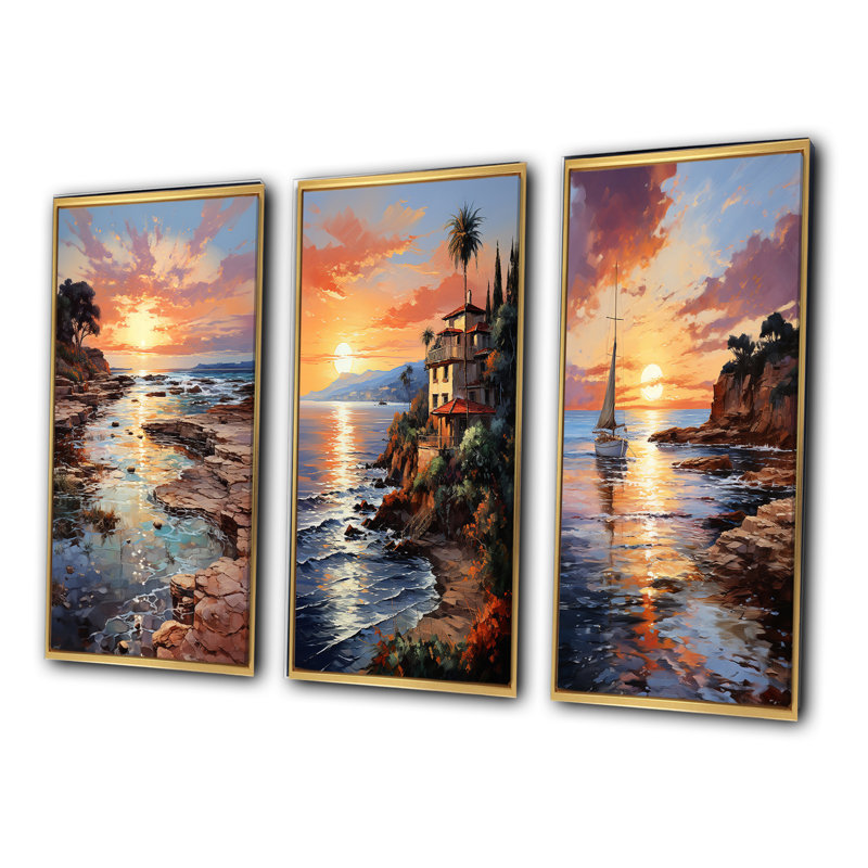 "Espagne coucher de soleil à Ibizas", 3 pièces sur toile, Toile tendue, H 20 po x l 36 po