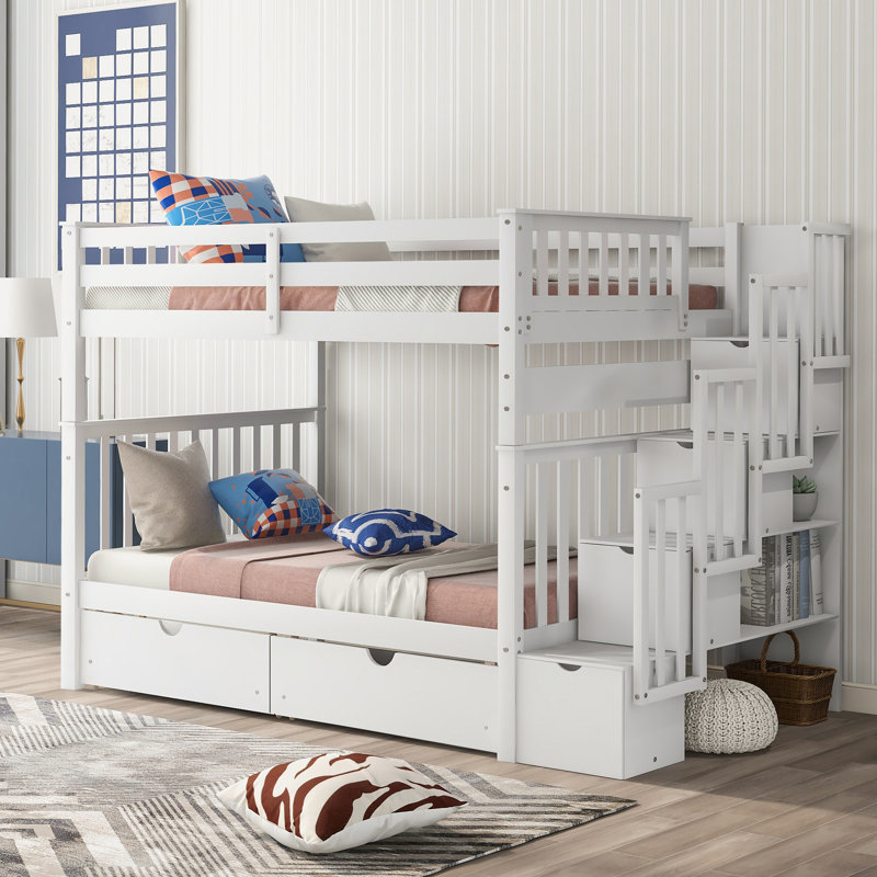 Lit superposé double au-dessus de double avec tablettes et 6 tiroirs de rangement, Blanc