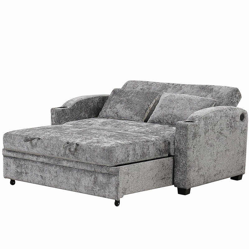 Canapé-lit convertible 61,6 po en chenille convertible moderne avec dossier réglable, 2 coussins, porte-gobelets, ports USB pour le salon, appartement, gris