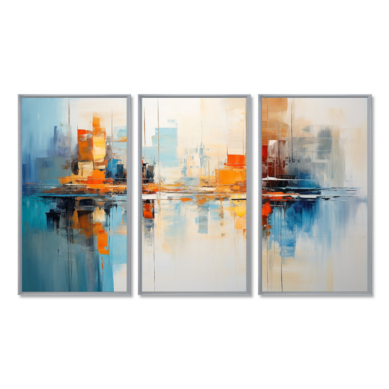 «Distant Sunset New York City», ensemble de décorations murales paysage urbain, Encadrement argenté
