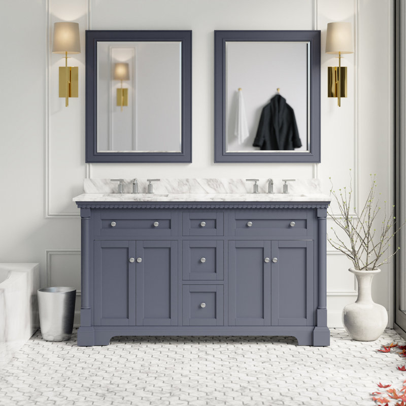 Fossen 60" Double Bathroom Vanity Set with Marine Gray Cabinet and Carrara Marble Countertop, Marine Gray, Carrara Marble