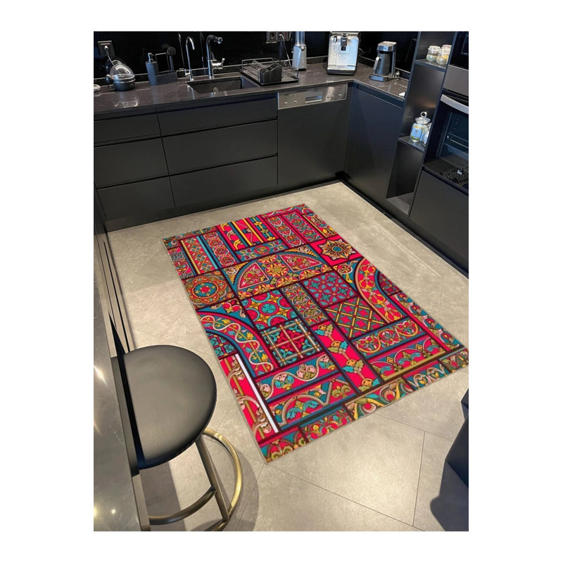 Tapis décoratif moderne de forme géométrique mixte et motif floral, Rond 3 pi 4 po