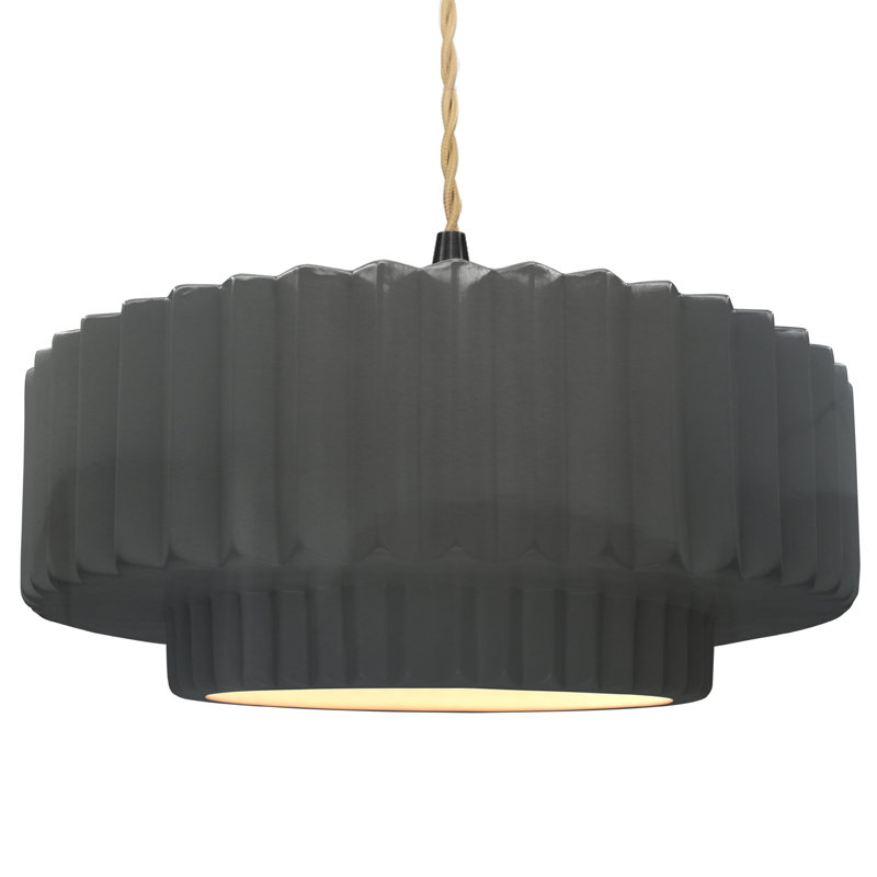 Luminaire suspendu tambour en céramique et en métal 1 lumière Gela, H 6 po x l 16,25 po x P 16,25 po, Gris brillant, Noir mat