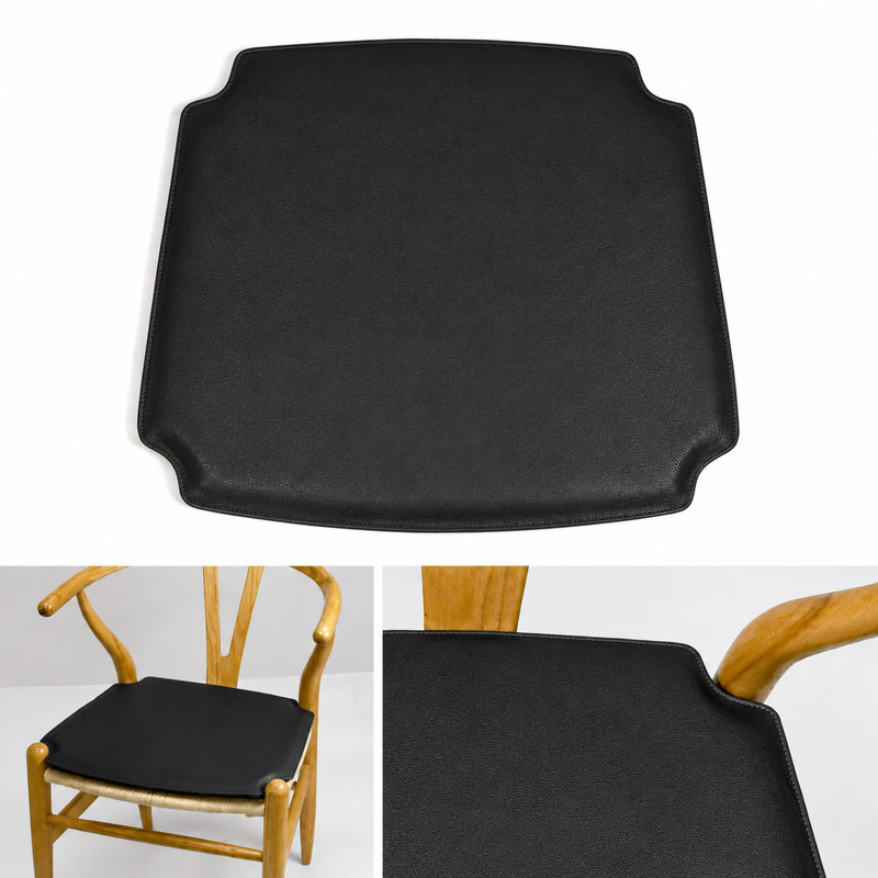 Chaise de salle à manger en bois de style Wishbone avec accoudoirs et coussin en similicuir de 1,9 cm (0,75 po)., Black