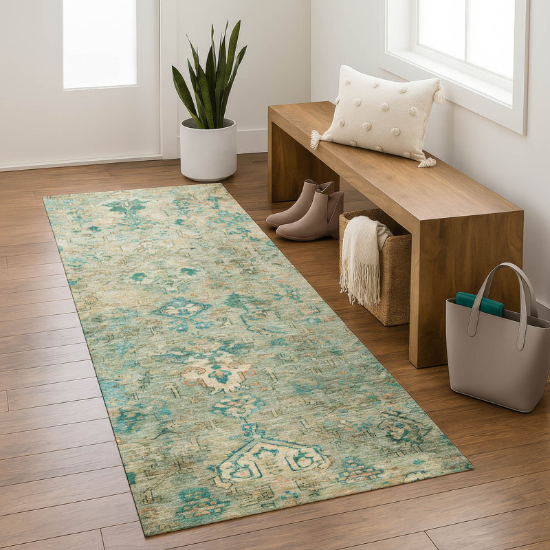 Premium Machine Washable Mayfield Global Rug, 2'3" x 7'6" Runner, Teal