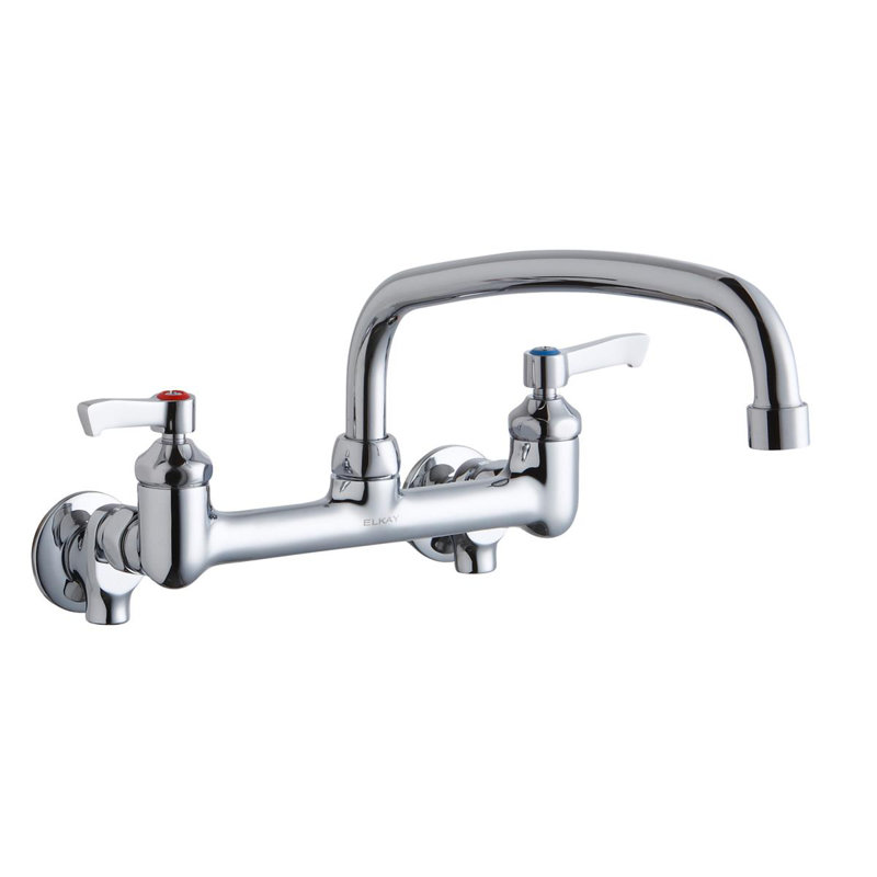 Foodservice 8" Centerset Wall Mount Faucet with 12" Arc Tube Spout 2" Lever Handles 1/2" Offset Inlets+Stop