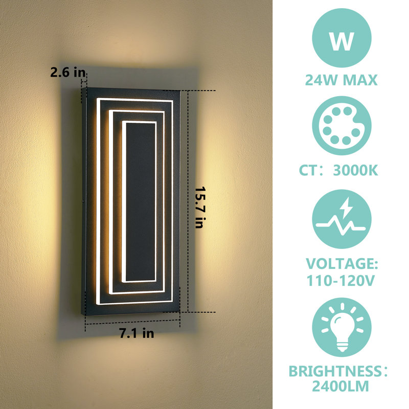Ensemble de 2 appliques murales d'extérieur modernes à DEL 15,7 po | Appliques d'extérieur noires 24 W, luminaires en acrylique imperméables.