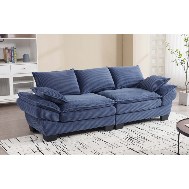 Renville 84" Upholstered Pillow-Top Arm Loveseat Sofa with 2 Throw Pillows, Blue