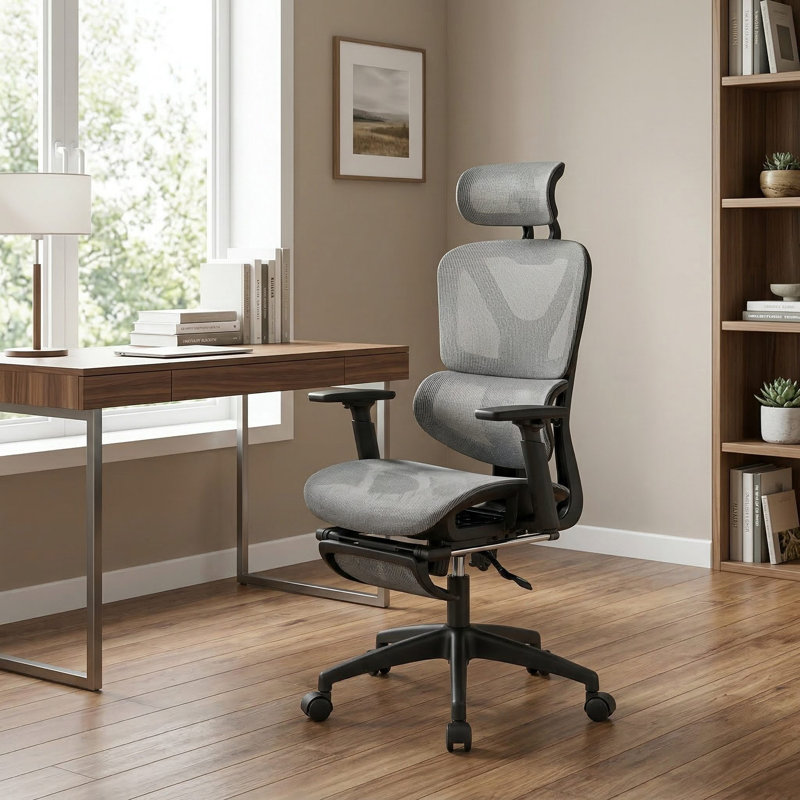 Fauteuil de bureau en filet respirant avec dossier inclinable réglable et repose-pieds rétractable pour poste de travail