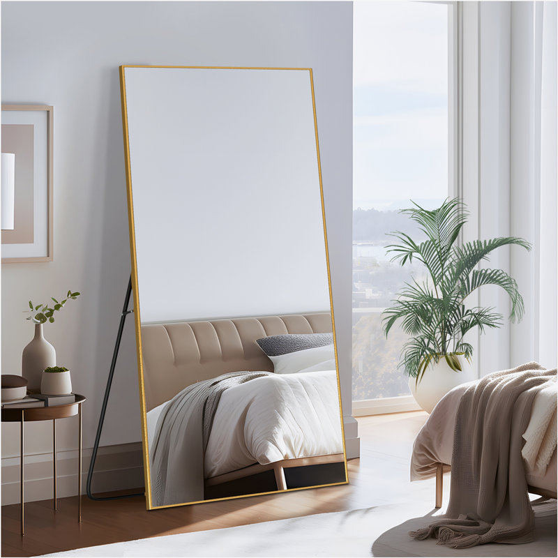 Miroir mural pleine longueur en métal avec support intégré, Or, 75 po x 38 po