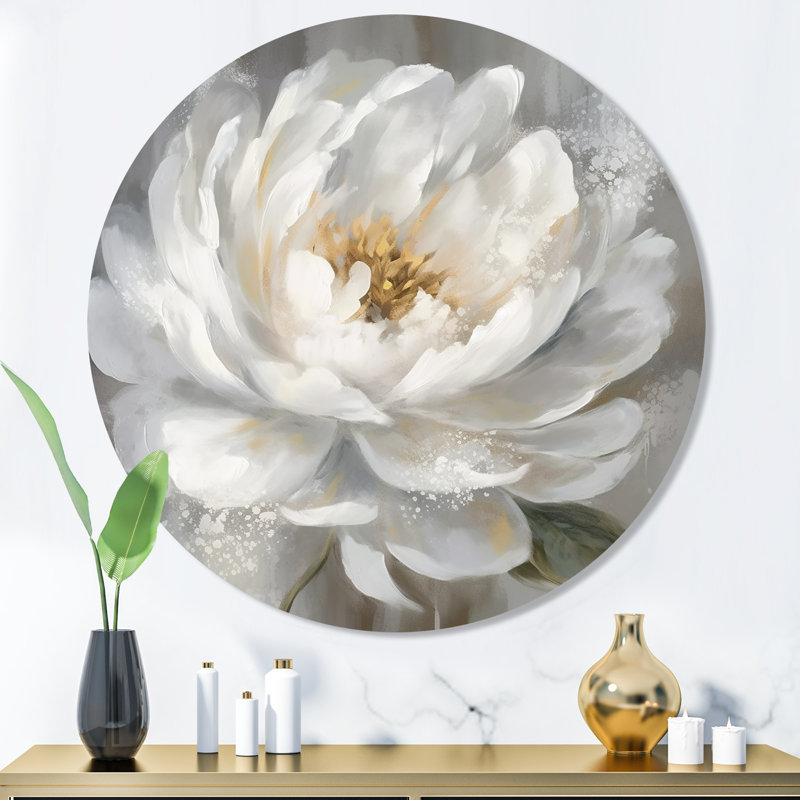 Pivoine blanche et grise, H 36 po x l 36 po x P 1 po