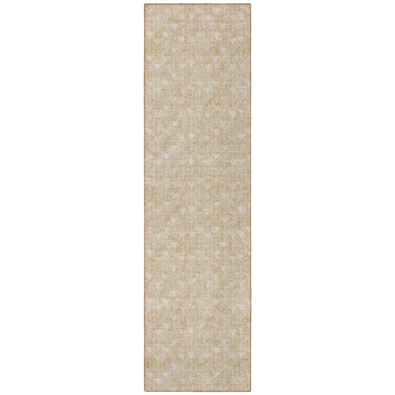 2' X 8' Beige Geometric Washable Indoor Outdoor Runner Rug