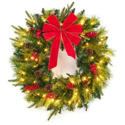 Couronne de Noël artificielle 24 pouces pour porte d'entrée avec 50 lumières DEL, grand nœud rouge