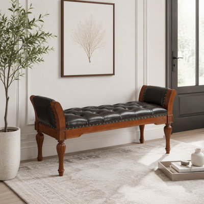 Banc de repose-pieds 54 po en similicuir capitonné à boutons, banc de bout rembourré rétro avec coussin moelleux, structure en bois massif