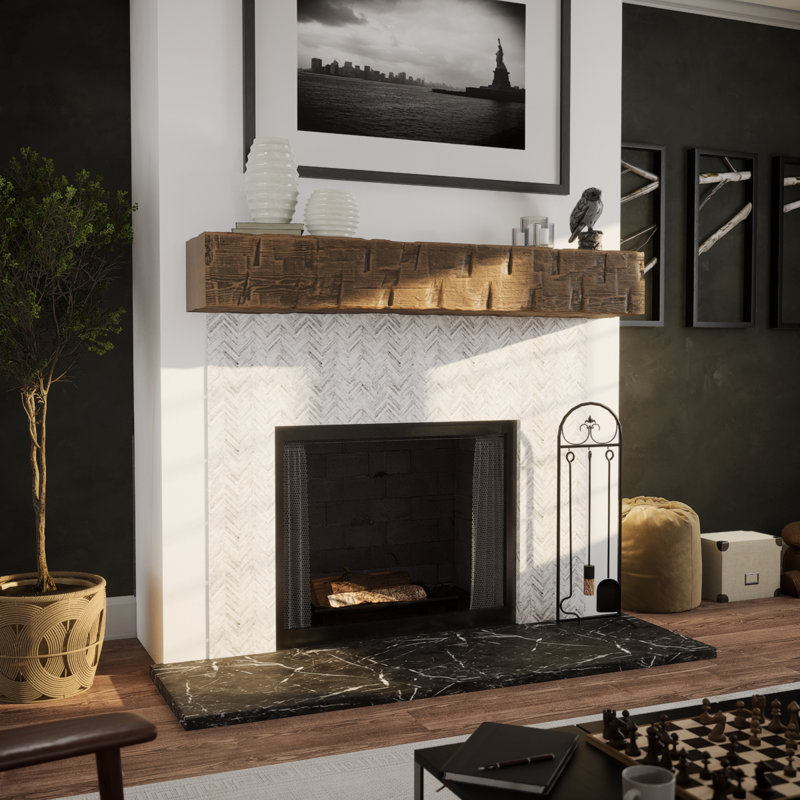 Reclaimed Axed Cut Heritage Timber Faux Wood Fireplace Mantel, Kona Brown, 7.5" H x 60" W x 9.5" D