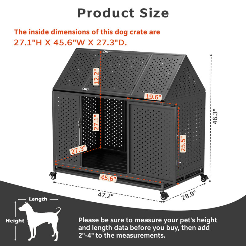 Extra Large Black Steel Escape-Proof Dog Crate with Pointed Roof