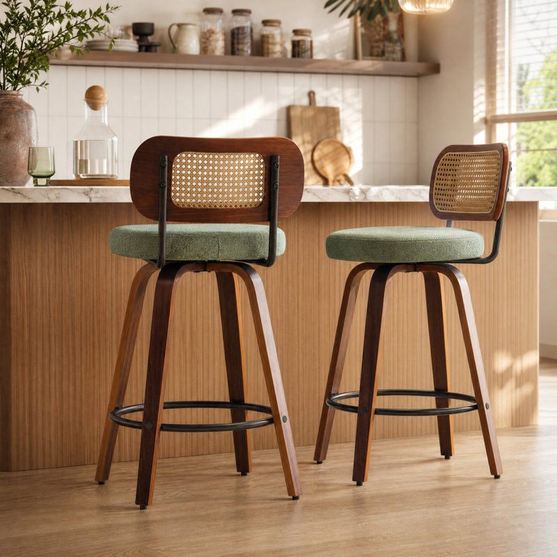 Ensemble de tabourets de bar 34 pouces (2 pièces) - Finition noyer noir, dossier en osier, coussin de siège en lin, conception pivotante, convient aux îlots de cuisine, aux bars et aux comptoirs