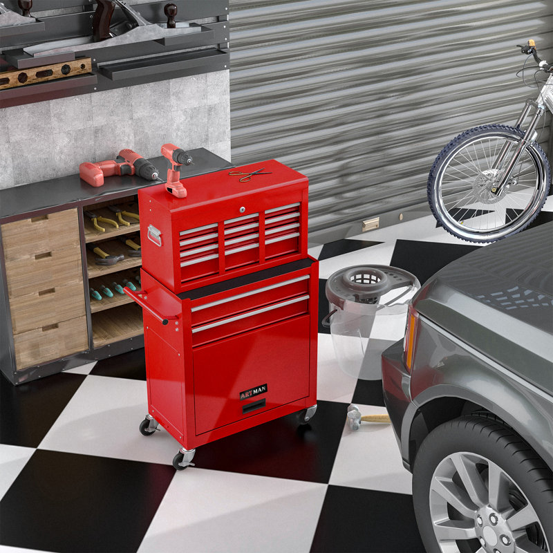 24.2'' W Steel Rolling Combination Set 8-Drawer Tool Chest with Wheels, Red