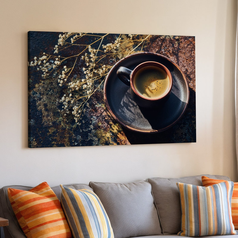 Toile vue de haut en bas d'une scène de café rustique avec art mural Une petite tasse en céramique foncée remplie de café fumant riche pour toile
