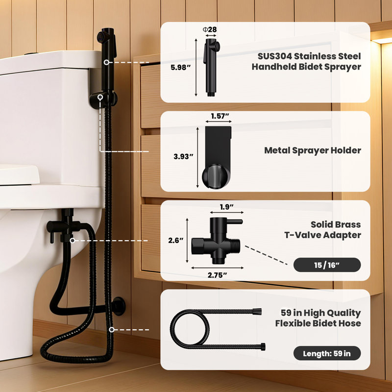 Vaporisateur de bidet à mode simple avec tuyau de 59 po, Noir mat