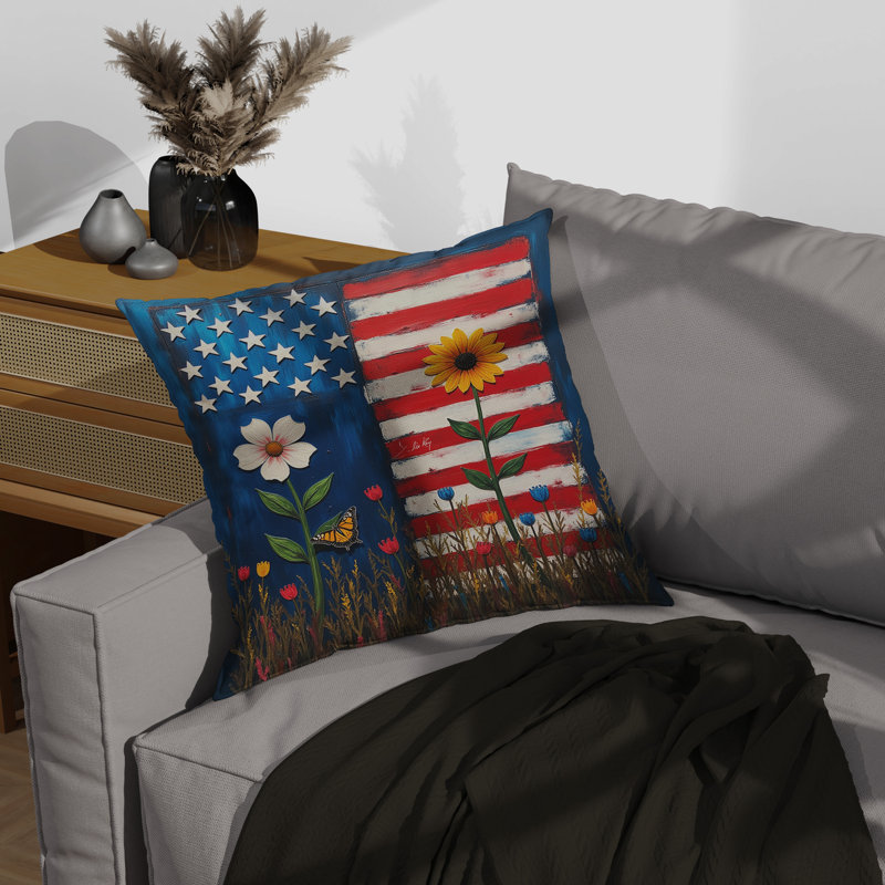 US Flag With Flowers Throw Pillow, 16"H x 16"W