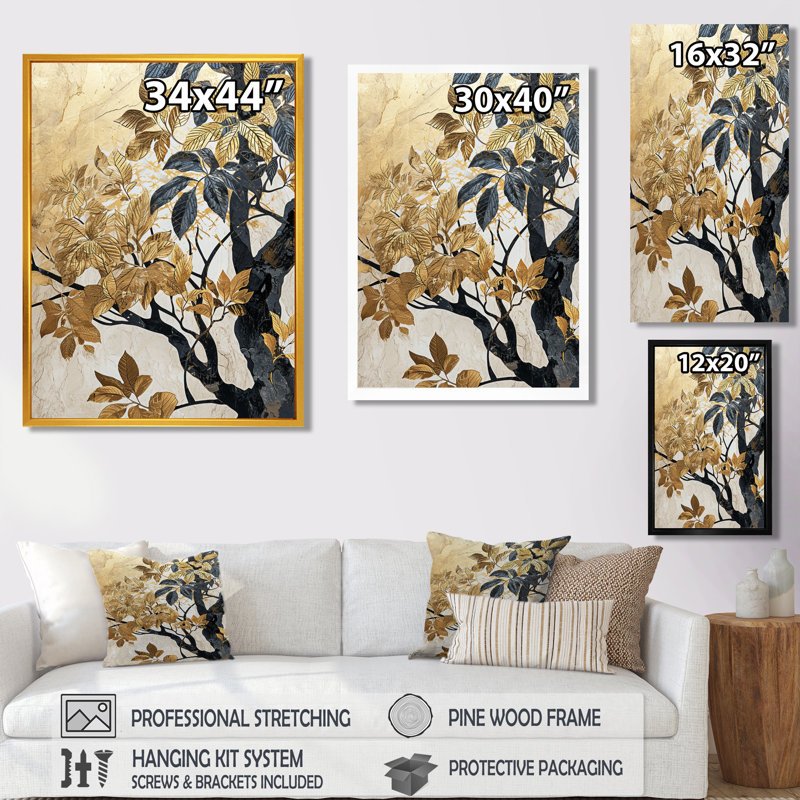 Arbre noir rétro avec feuilles dorées - feuilles, décoration murale, H 20 po x l 12 po x P 1 po