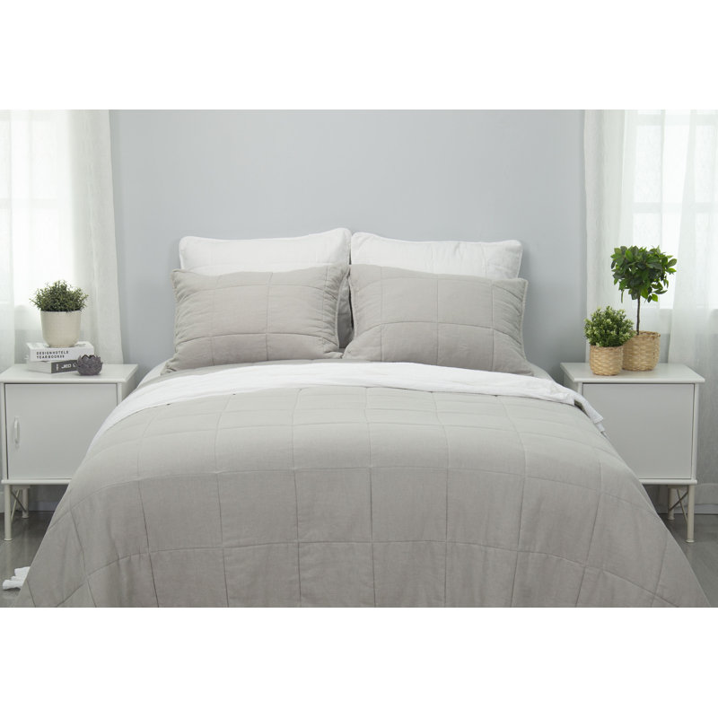 Stone Washed Linen Blend Box Stitch Quilt and Pillow Shams Set, Gray, Queen Quilt + 2 Shams