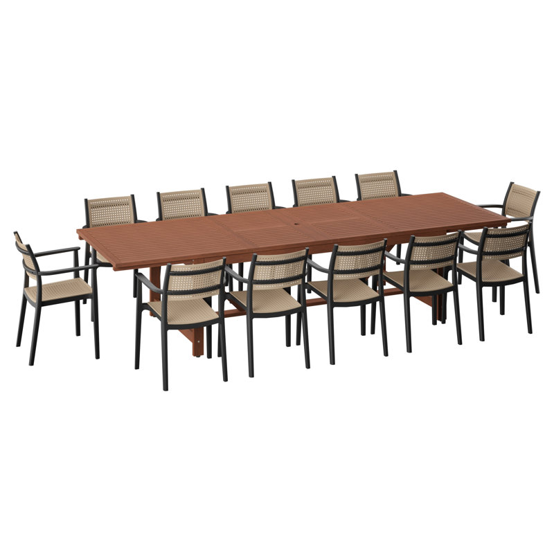 Wayland 13-Piece Outdoor Rectangular Extendable Dining Table And Chairs Set | Eucalyptus Wood | Ideal For Patio, Brown Table & Black Chairs