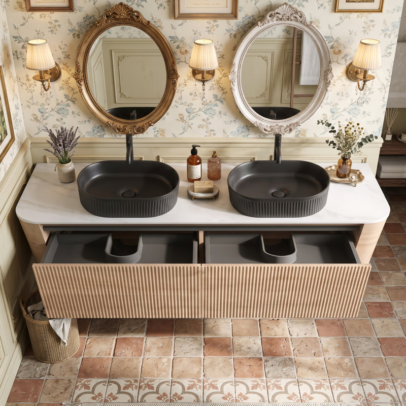 Meuble-lavabo mural 72 po avec comptoir en marbre, Oak