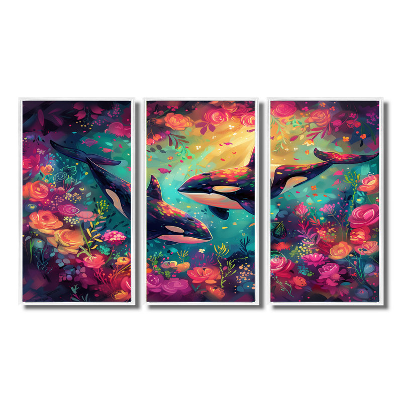 Alyshea - ensemble de reproductions d'art mural baleine, H 28 po x l 36 po x P 1 po, Toile encadrée flottée blanche