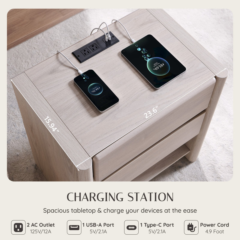 Bolanos 25" Tall Modern End Table with Charging Station, Wood Side Table w/2 Storage Drawers & Open Shelf, Rounded Corner Design for Bedroom 