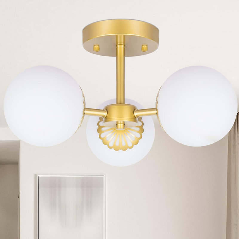 Mid-Century Modern Brass 3-Light Frosted Glass Chandelier