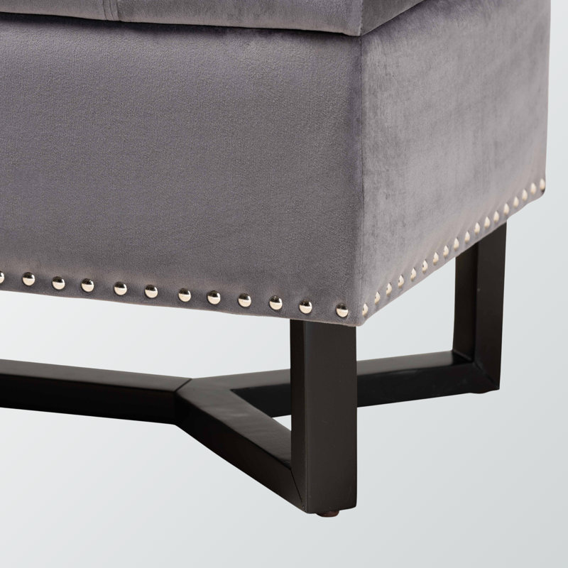 Velvet ottoman features silver-finished metal nailheads, 16.9'' H X 34.9'' W X 17.5'' D, Gray Velvet
