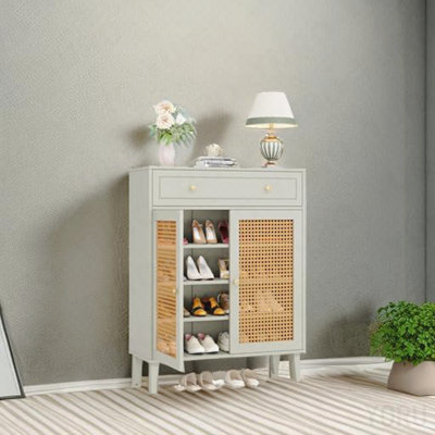 31.5" Shoe Cabinet, 4-Tier, Rattan Doors, Drawer for Entryway - Mint Green