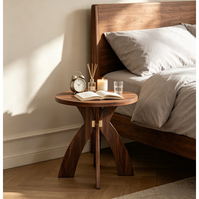 Modern brown circular wooden edge table, living room bedroom X-shaped curved leg decorative table