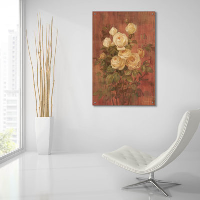 «Peach Roses On Red 2» par Danhui Nai, art mural en verre acrylique