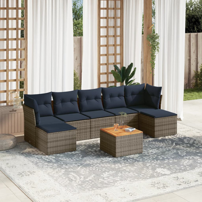 Ensemble de canapé de patio 8 pièces avec coussins en rotin de polyester, Gris, Marine