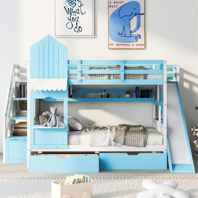 Full-Over-Full Castle Style Bunk Bed with 2 Drawers 3 Shelves and Slide -  Harriet Bee, 174E4DEF3CF44D34AC0BC011EF5C7263