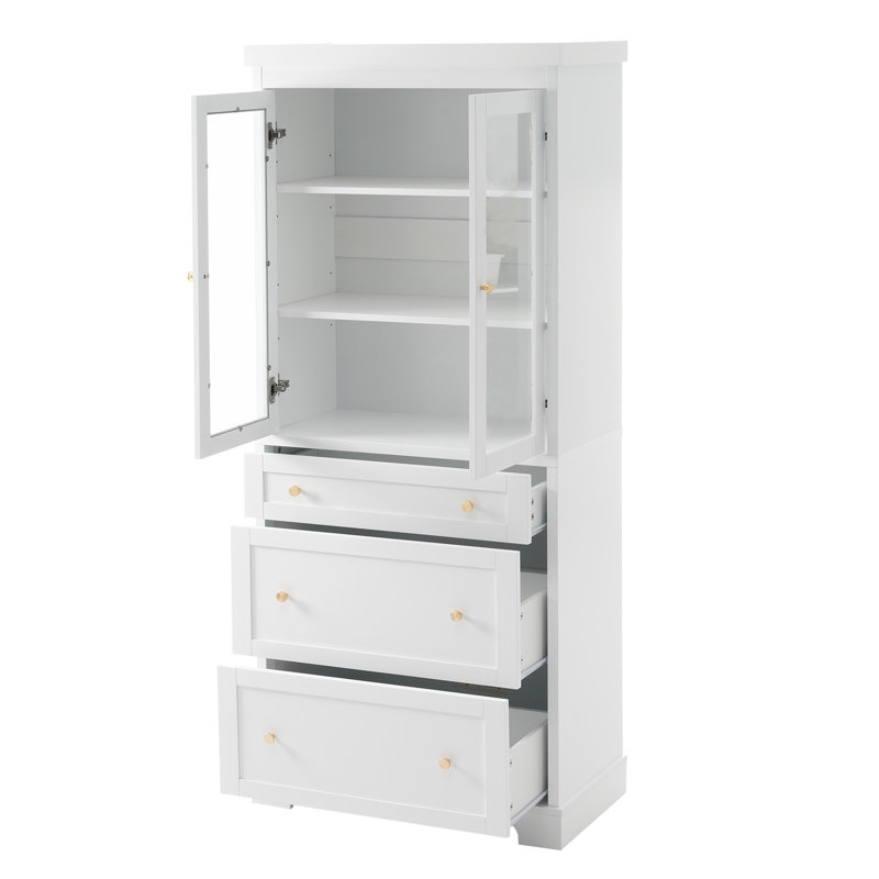 Armoire de salle de bain haute autoportante moderne avec rangement élégant avec 2 tablettes réglables, 3 tiroirs et portes en verre à fermeture en douceur