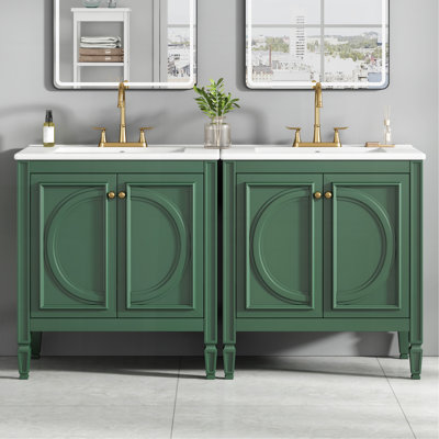 Ensemble de meuble-lavabo 60 po avec lavabo double 60 po, lavabo en céramique, portes à fermeture en douceur avec tablette, tiroir de rangement, vert