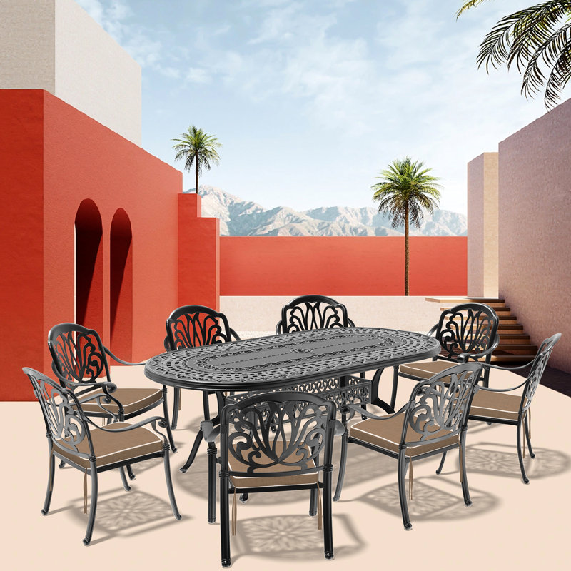 Ensemble de mobilier de jardin 9 pièces en aluminium moulé, structure noire, coussins bruns, design élégant, dossier et siège confortables, empilable pour un rangement facile, coussins résistants aux UV
