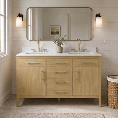 55" Fully Assembled Double Sink Bathroom Vanity with Solid Surface White Granite Top & Backsplash