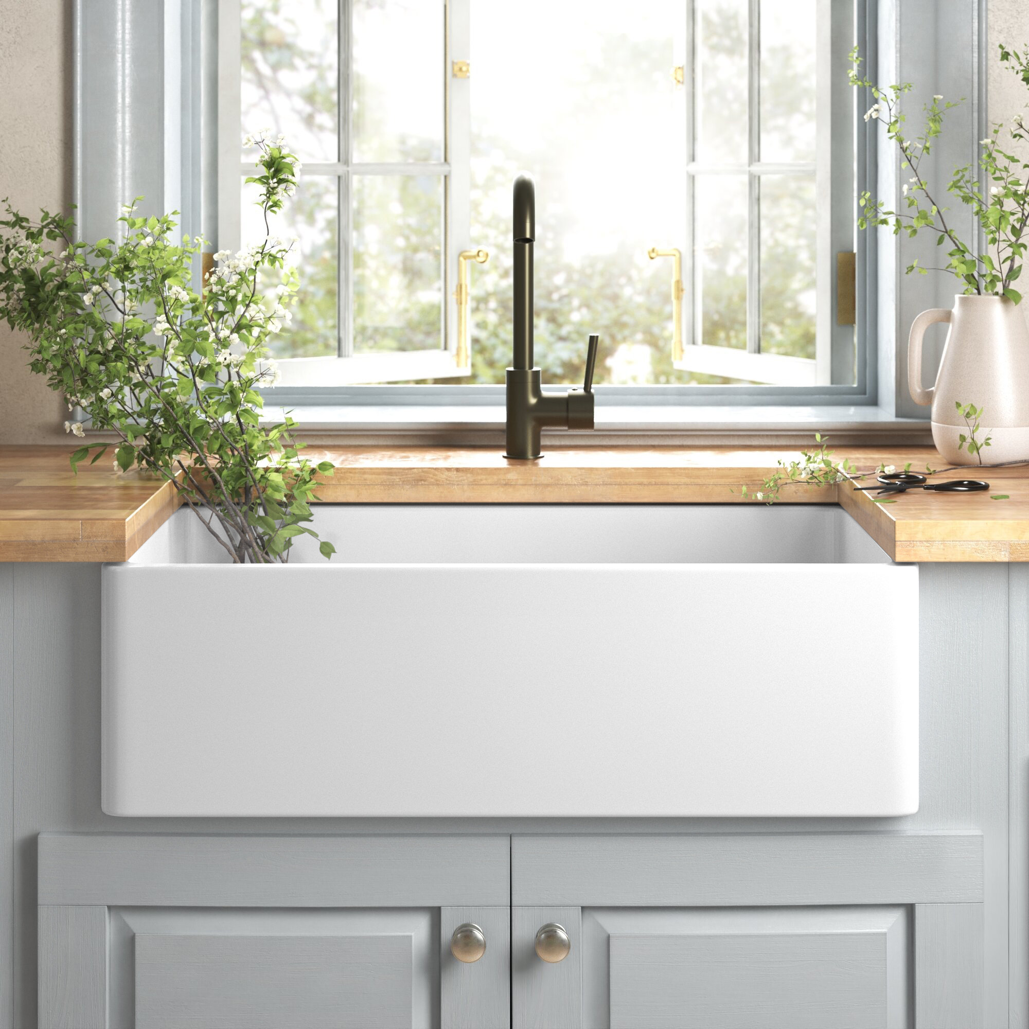 Olde London 33" L x 18" W Farmhouse Kitchen Sink With Grid and Strainer
