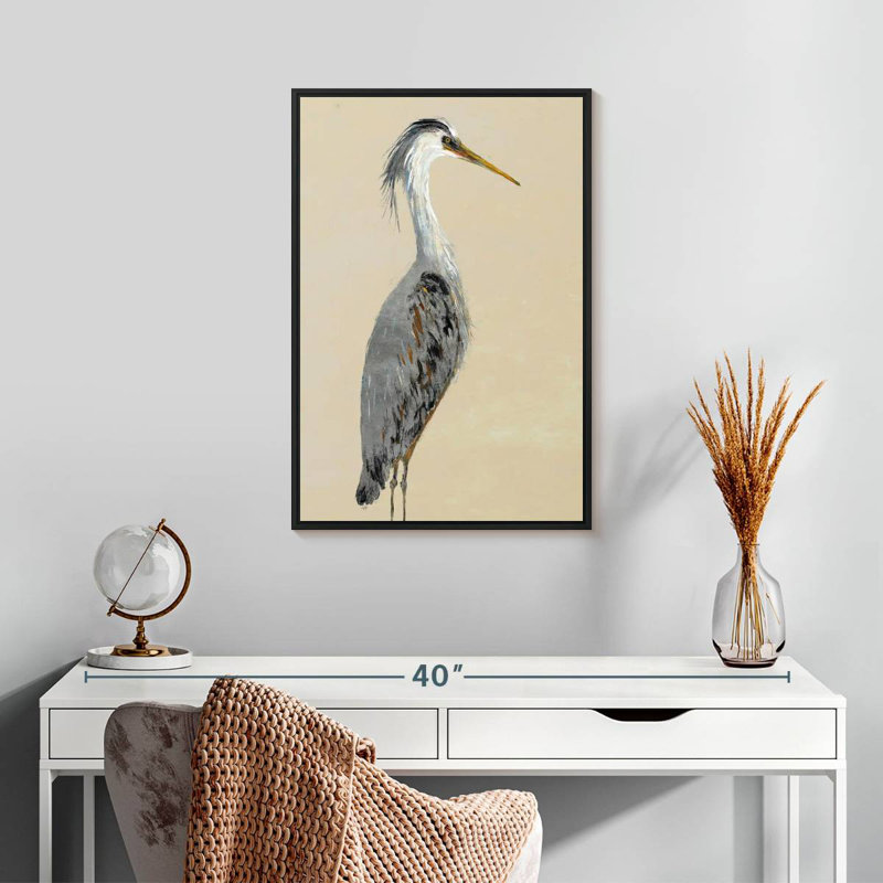 Héron sur brun clair I, Cadre flottant noir, 17 po x 25 po