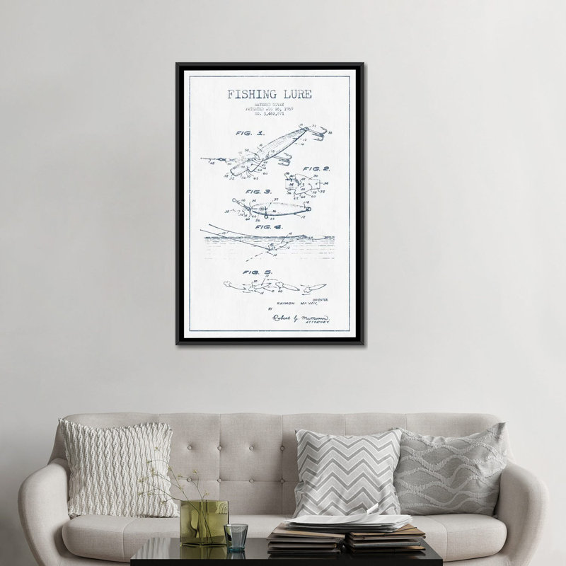 " Raymond McVay Fishing Lure Patent Sketch (Ink) IV " by Aged Pixel, 26" H x 18" W x 1.5" D, Black Framed Canvas, No Mat