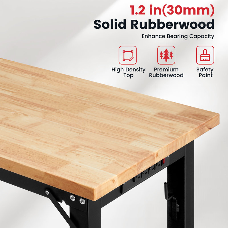 Workbench with Wheels 40/60 Inch Rubberwood Tabletop Garage Workbench Adjustable Height Work Bench with Pegboard, Power Outlets